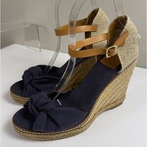 Tory Burch Macy Linen Espadrille Wedge Sandals 8.5 Blue Twist Knot Ankle Strap